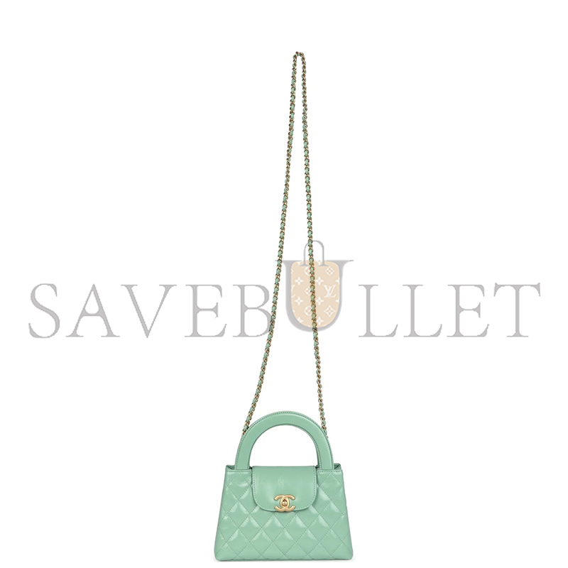 Ch*el kelly shopper light green shiny calfskin brushed gold hardware as4416 (19*13*7cm)